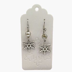 Snowflake Earrings Faux Pearl Dangle Silver Tone